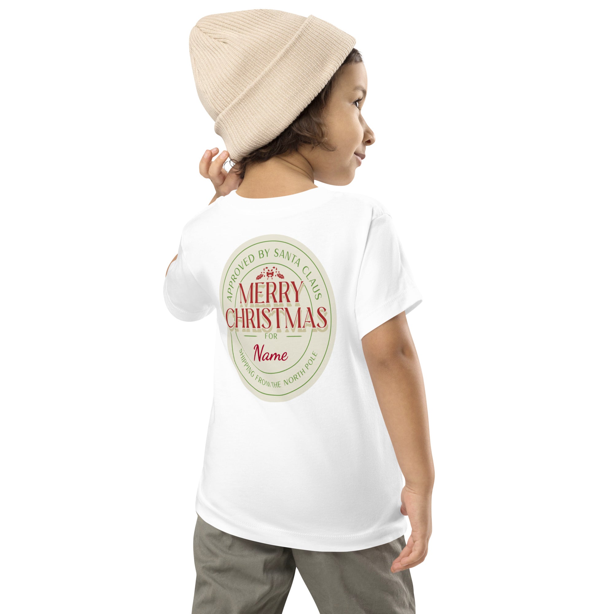 Merry Christmas Personalized Add your Name - Toddler Short Sleeve Tee (back print)