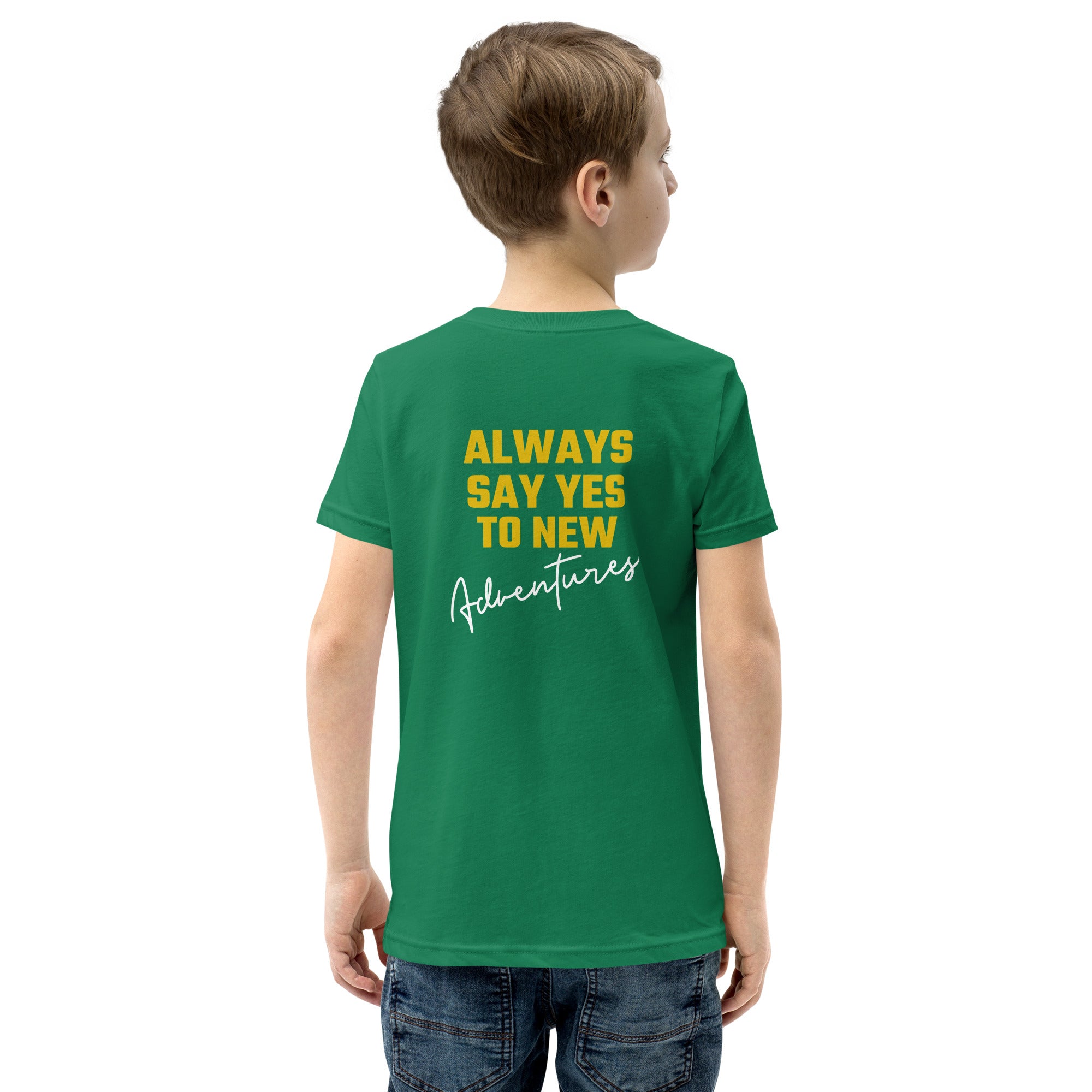 Always say yes to new, adventurer - Youth Short Sleeve T-Shirt (back print)