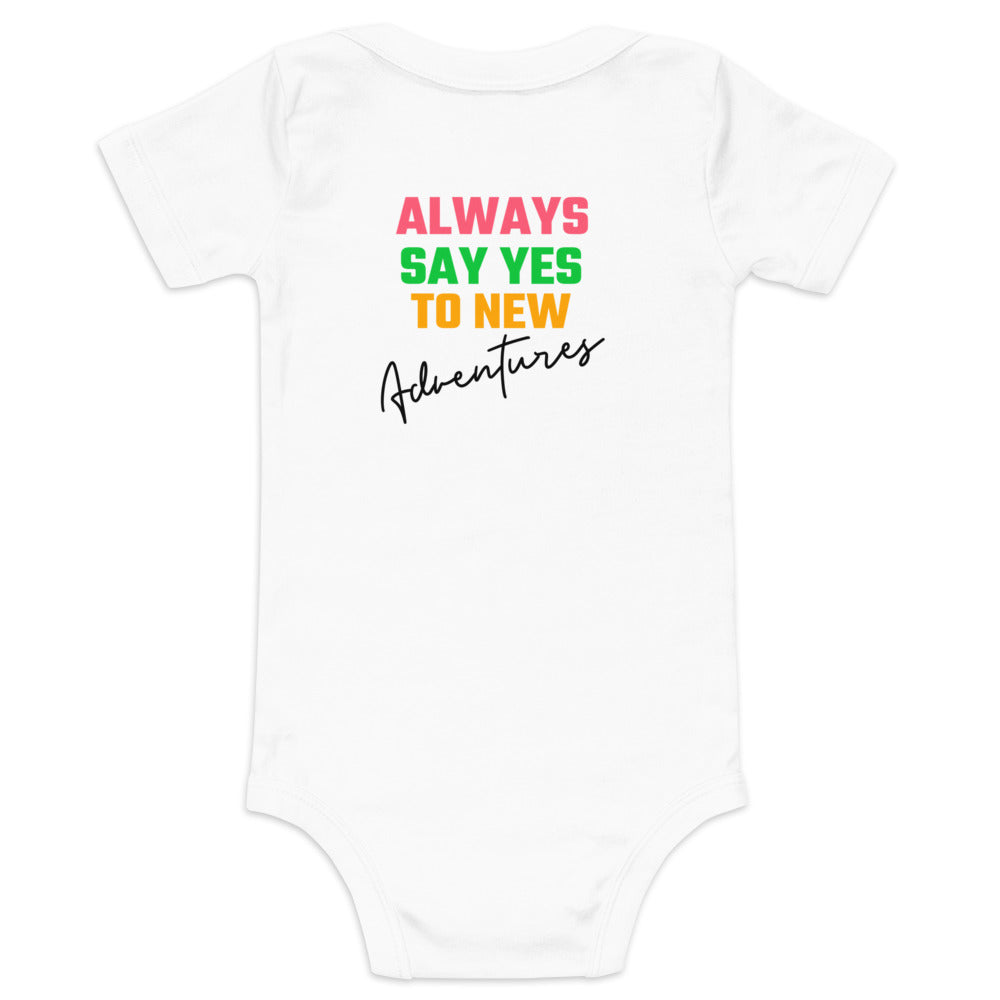 Always say yes to new, adventurer - Baby short sleeve one piece (back print) (rainbow)