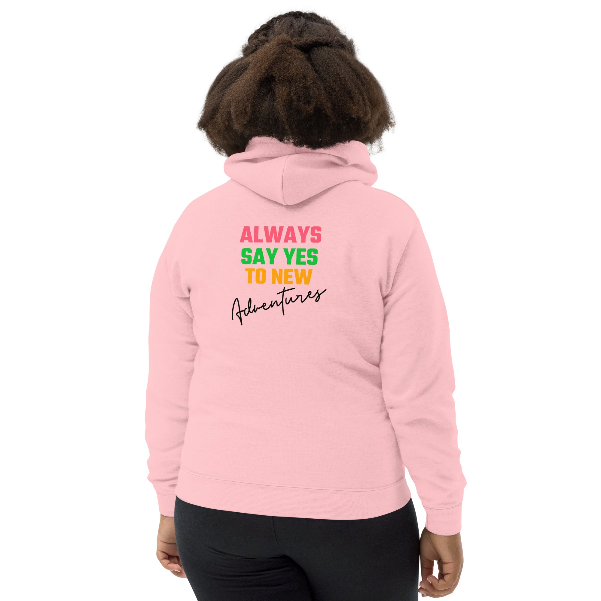 Always say yes to new, adventurer - Kids Hoodie (back print) (rainbow)