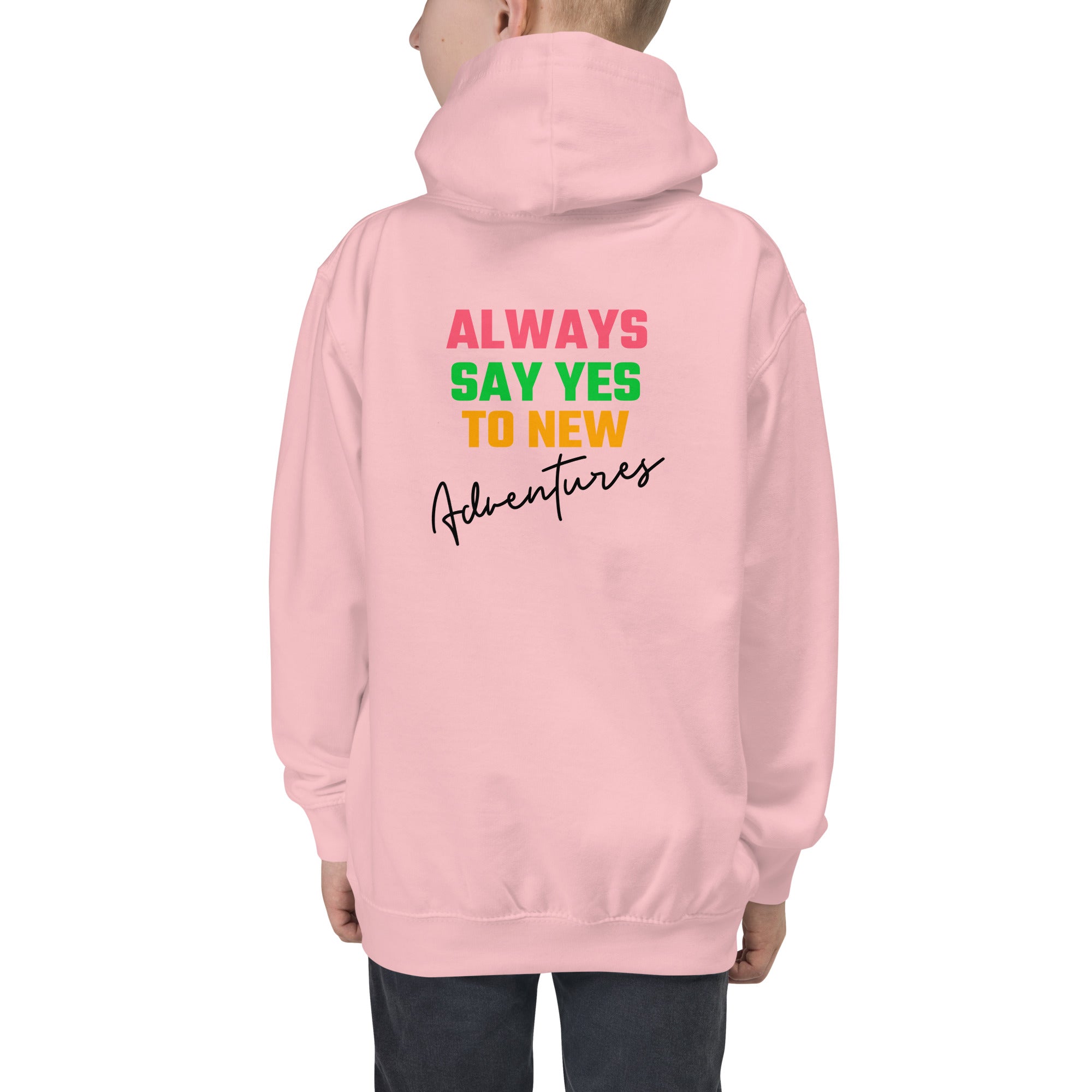 Always say yes to new, adventurer - Kids Hoodie (back print) (rainbow)