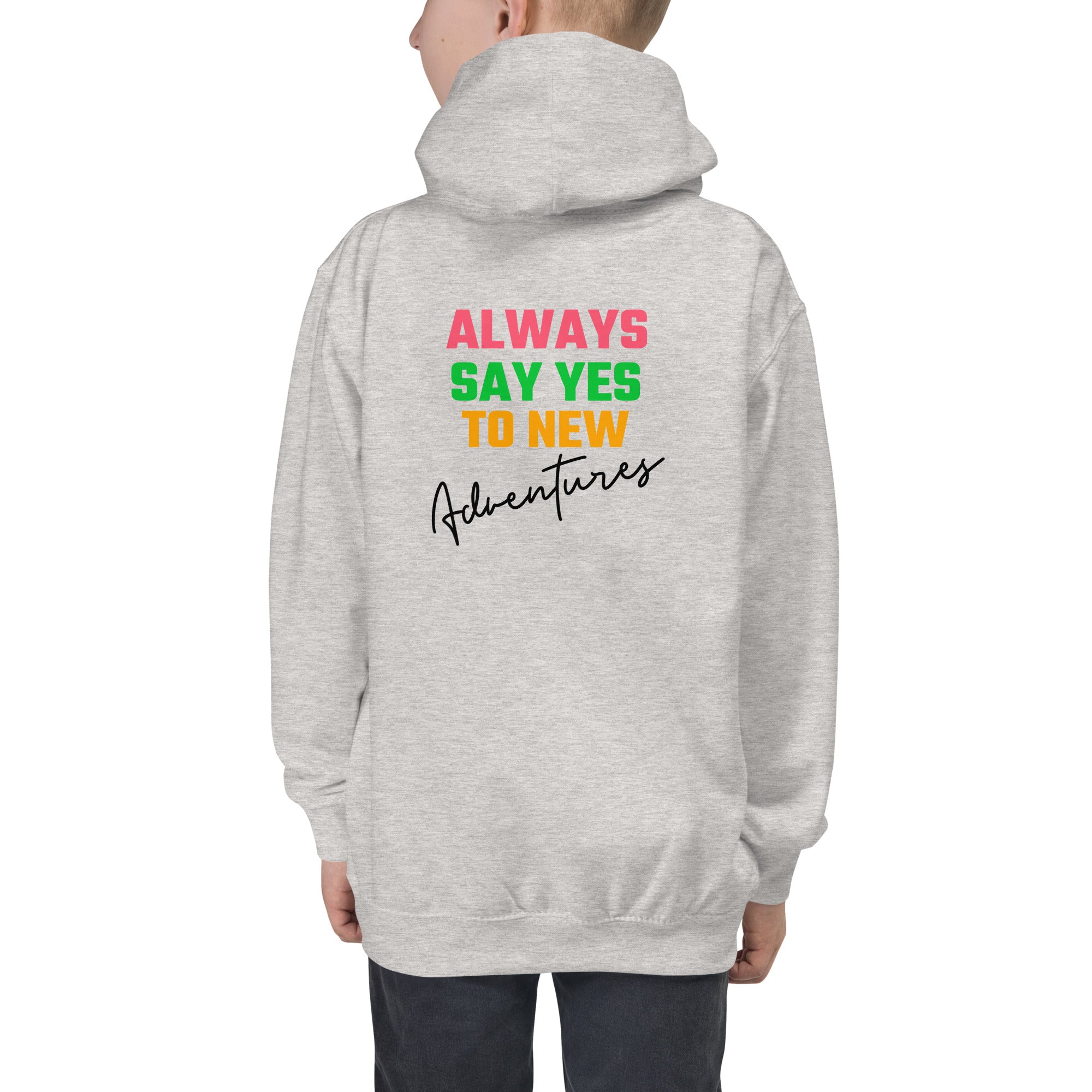 Always say yes to new, adventurer - Kids Hoodie (back print) (rainbow)