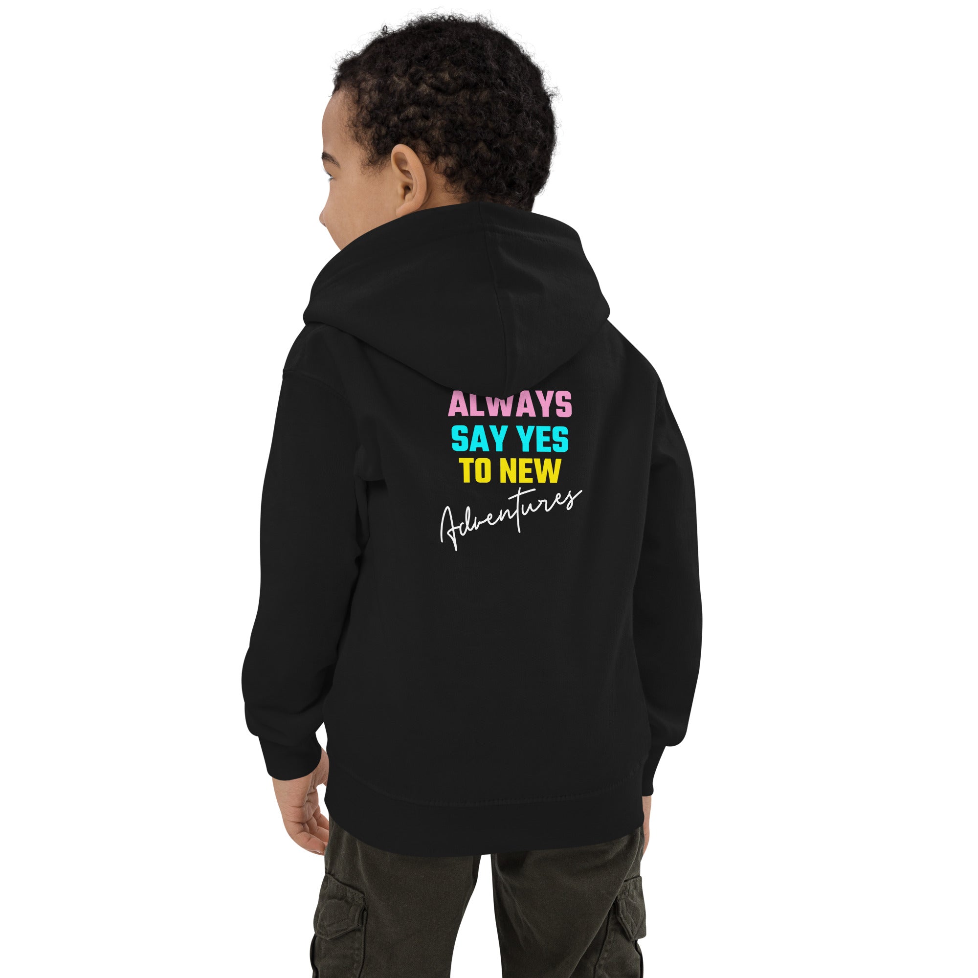 Always say yes to new, adventurer - Kids Hoodie (back print) (rainbow)