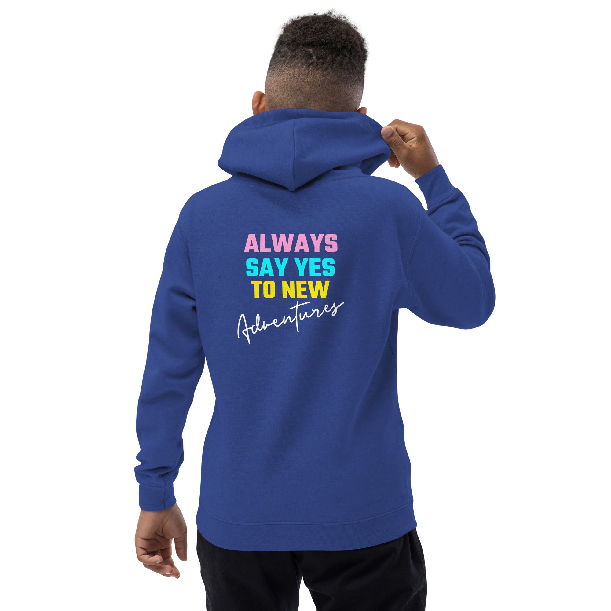 Always say yes to new, adventurer - Kids Hoodie (back print) (rainbow)