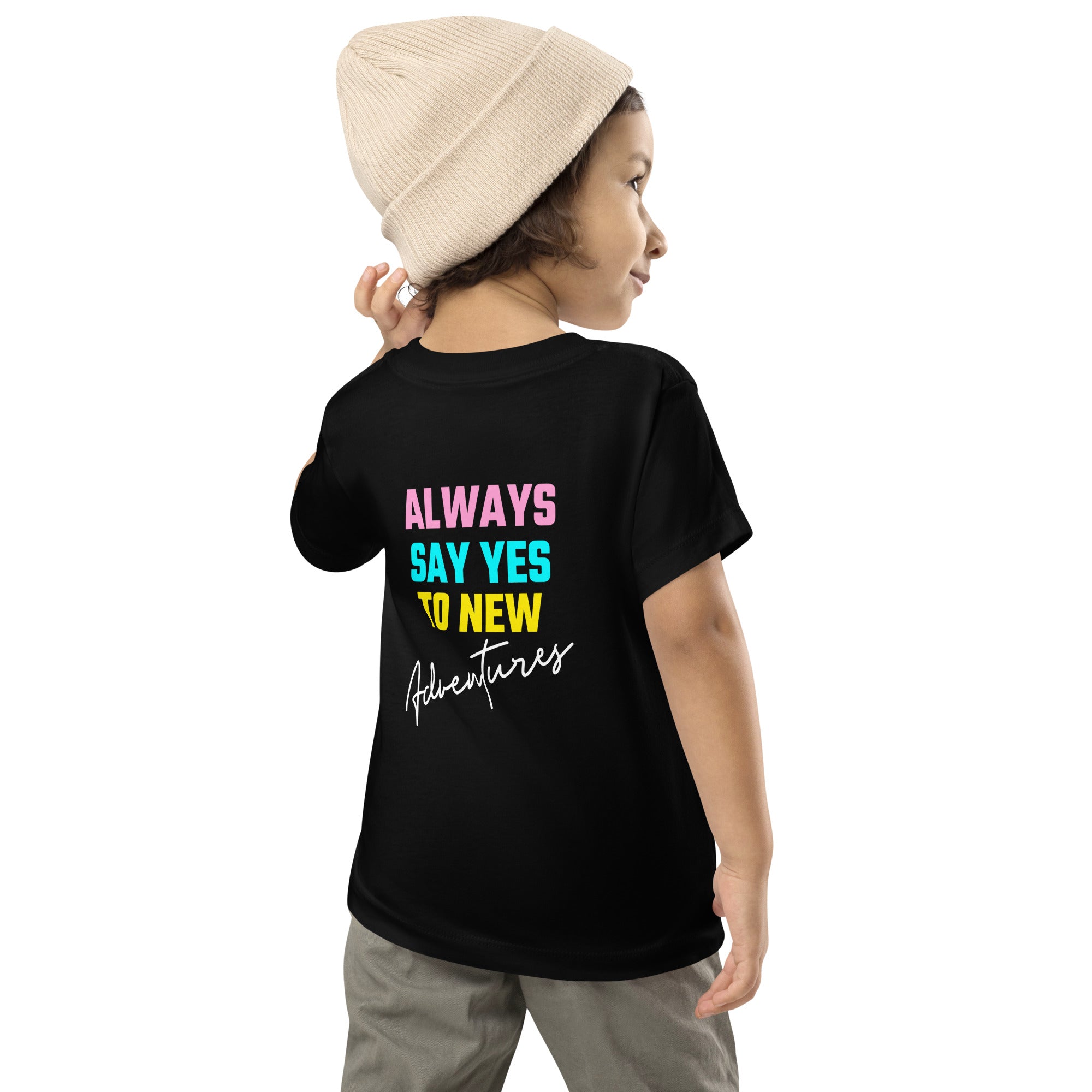 Always say yes to new, adventurer - Toddler Short Sleeve Tee (back print)