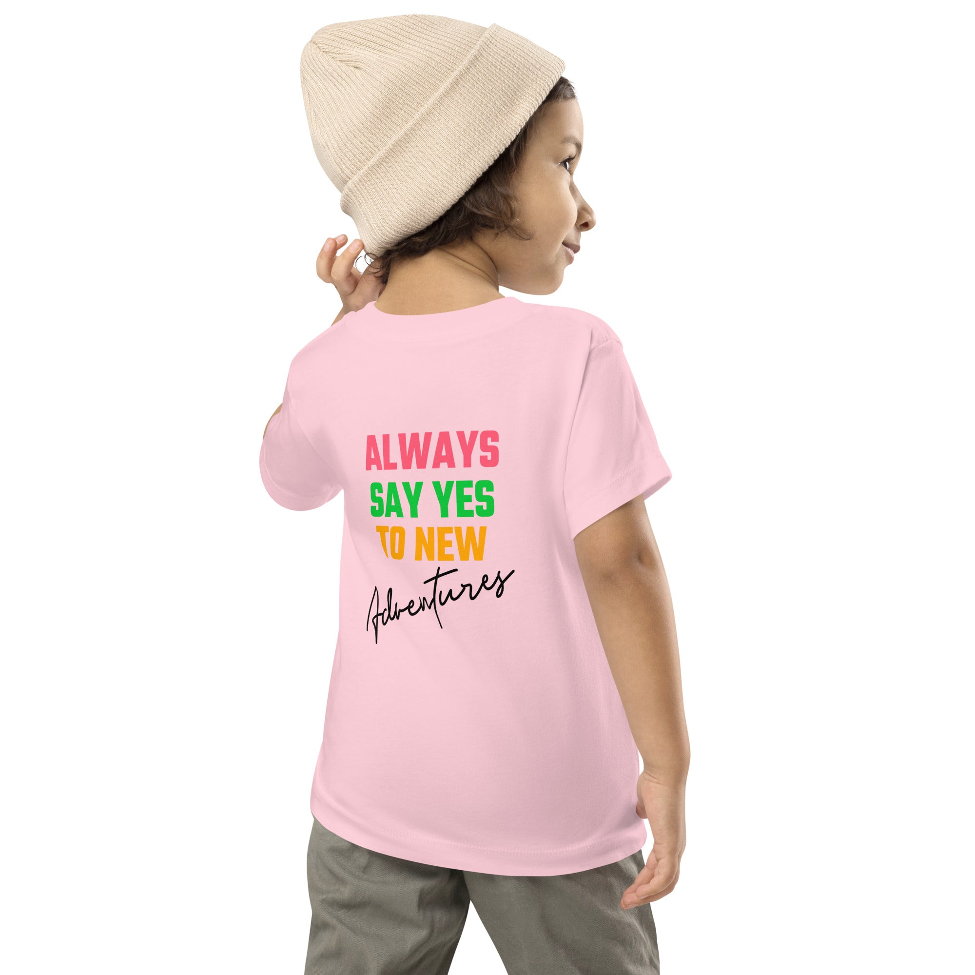 Always say yes to new, adventurer - Toddler Short Sleeve Tee (back print)