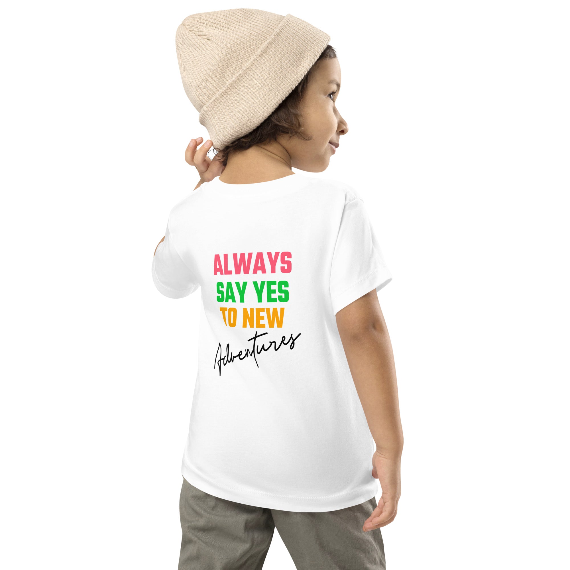 Always say yes to new, adventurer - Toddler Short Sleeve Tee (back print)